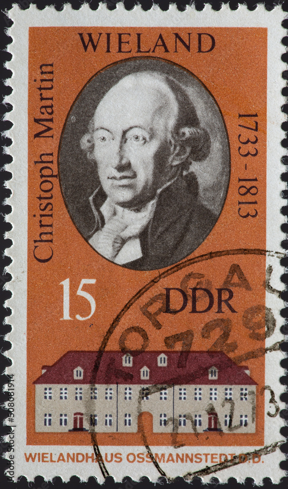 GERMANY, DDR - CIRCA 1973: a postage stamp from GERMANY, DDR, showing a portrait of the poet and translator Christoph Martin Wieland . Wieland house in Weimar. Circa 1973
