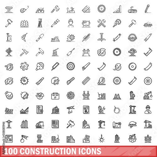 100 construction icons set. Outline illustration of 100 construction icons vector set isolated on white background