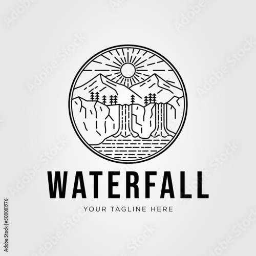 Wonderful waterfall on nature with mountain logo vector illustration design