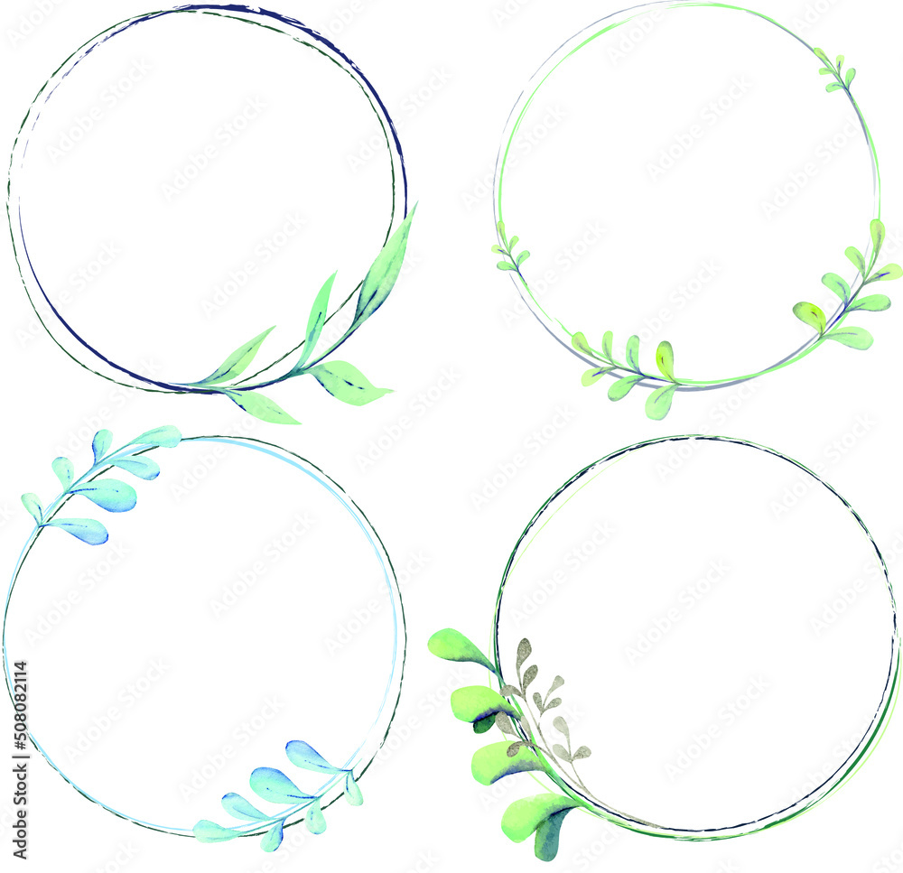 Set of hand-drawn frames with watercolor leaves Set of hand-drawn frames with watercolor leaves