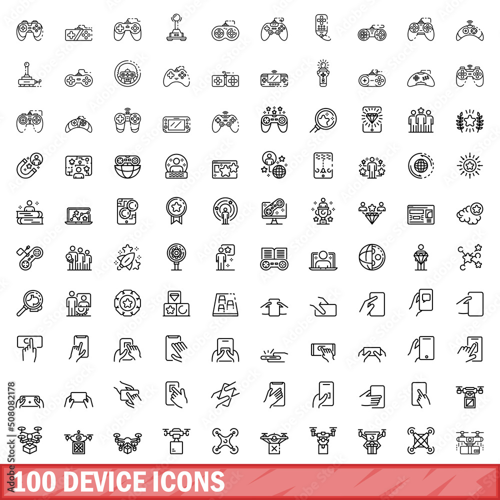 100 device icons set. Outline illustration of 100 device icons vector set isolated on white background