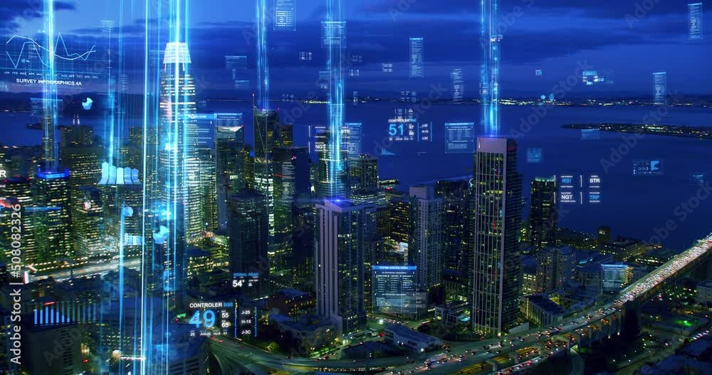 San Francisco Skyline With Holographic Information and Financial Charts. Internet of Things, Augmented Realty. Aerial View of City Business Network Futuristic Technology, Augmented Reality, AI 5G.