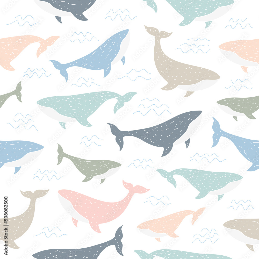 Whales seamless pattern. Cute kids wallpaper with ocean animals in Scandinavian style. Vector illustration.