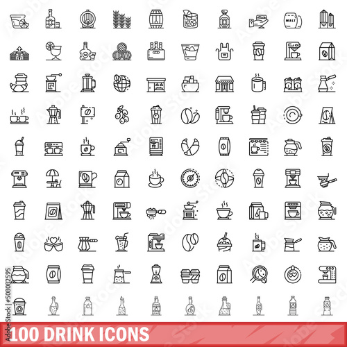 100 drink icons set. Outline illustration of 100 drink icons vector set isolated on white background
