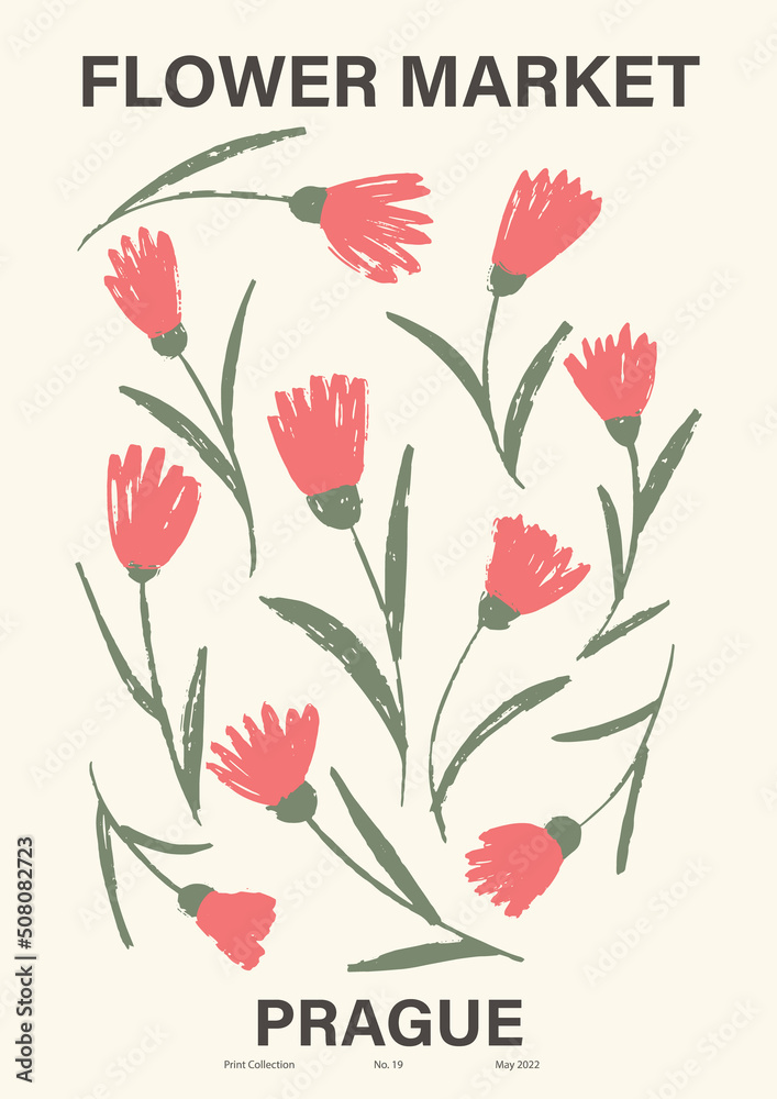 Flower market poster. Abstract floral illustration. Botanical wall art, vintage poster aesthetic. Vector illustration