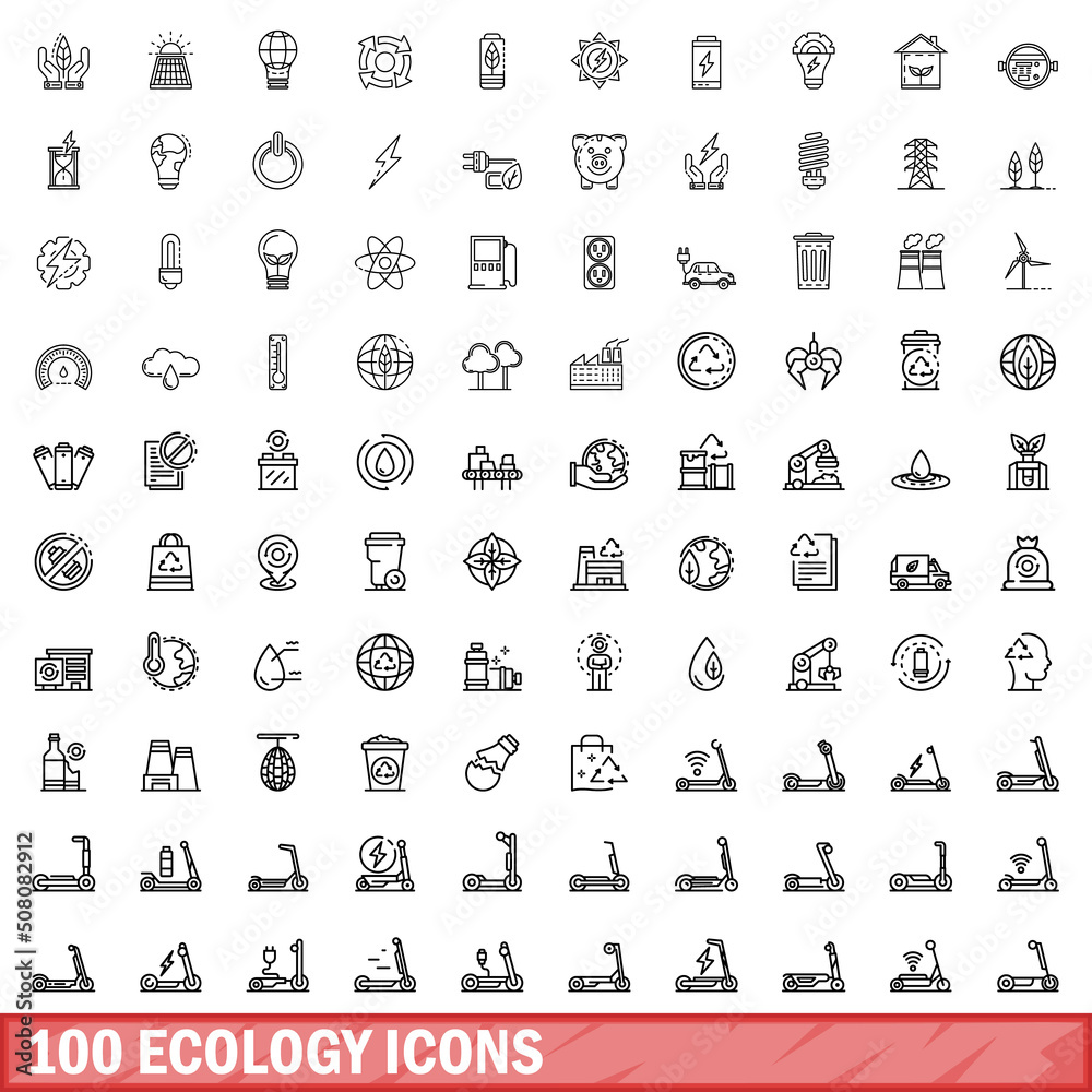 100 ecology icons set. Outline illustration of 100 ecology icons vector set isolated on white background 100 ecology icons set. Outline illustration of 100 ecology icons vector set isolated on white background