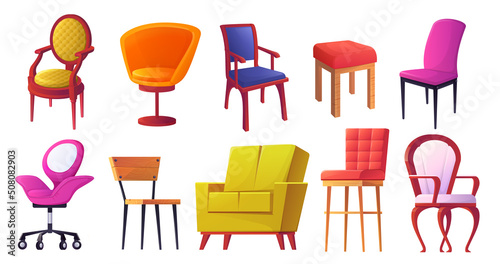 Chair furniture. Front and side view of office and home seats. Colorful modern and vintage armchairs, empty contemporary workspace. Comfort interior objects. Vector cartoon set
