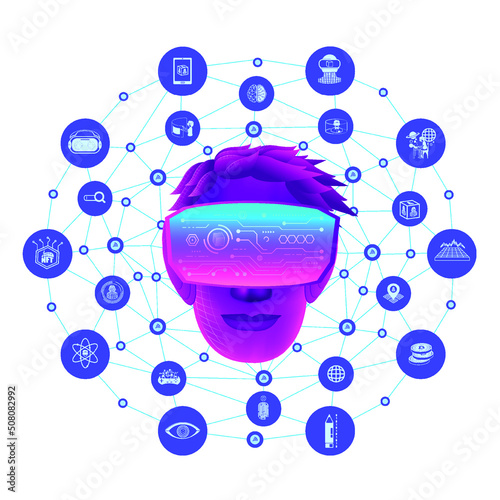 A man head use VR virtual reality goggle and metaverse icons with line polygon background.Education for metaverse concept