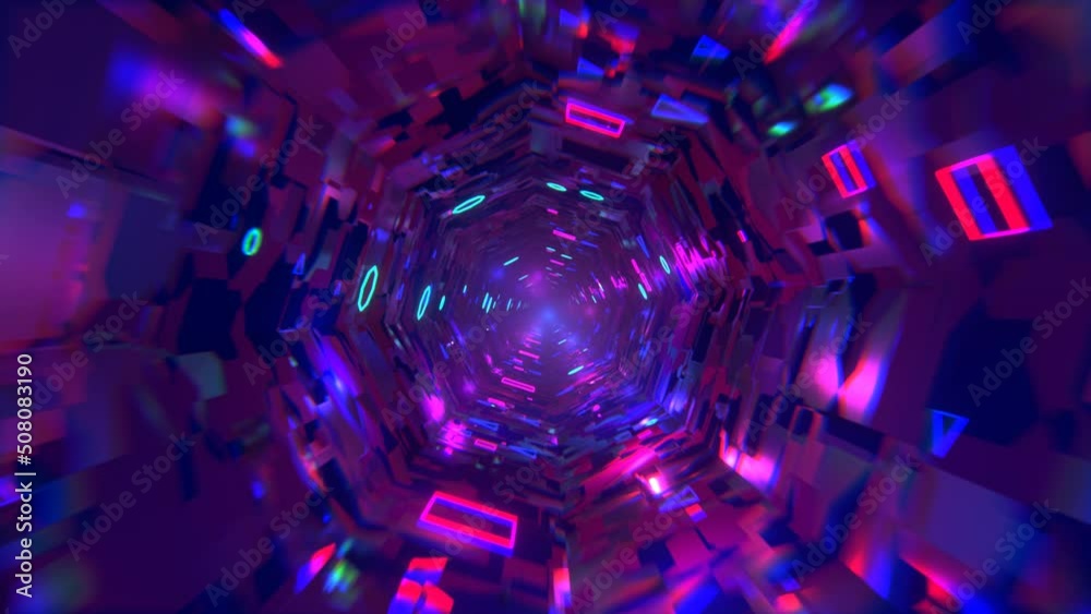 3D object or structure rotates and moves inside a glass mirror tunnel with neon light, bright reflections. VJ loop for the show. Sci-fi flight through a high-tech tunnel