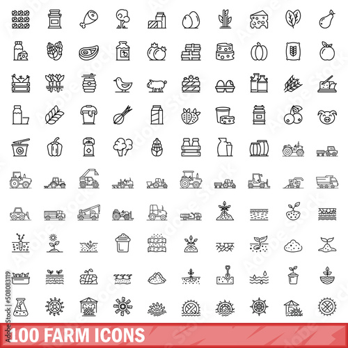 100 farm icons set. Outline illustration of 100 farm icons vector set isolated on white background