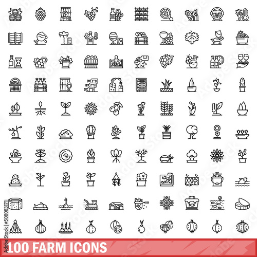 100 farm icons set. Outline illustration of 100 farm icons vector set isolated on white background
