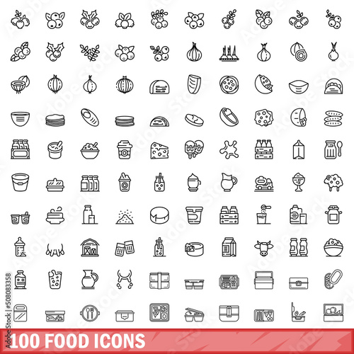 100 food icons set. Outline illustration of 100 food icons vector set isolated on white background
