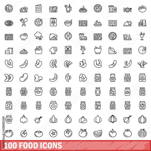 100 food icons set. Outline illustration of 100 food icons vector set isolated on white background