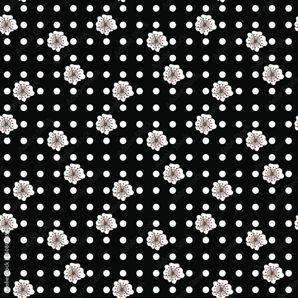 Seamless pattern with white polka dots with cherry blossom on a black background. Design for packaging, fabrics, textiles, postcards. Vector illustration Seamless pattern with white polka dots with cherry blossom on a black background. Design for packaging, fabrics, textiles, postcards. Vector illustration