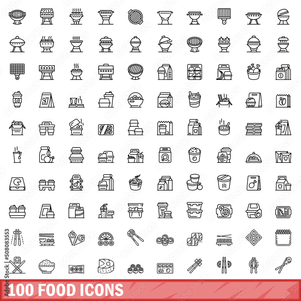 100 food icons set. Outline illustration of 100 food icons vector set isolated on white background 100 food icons set. Outline illustration of 100 food icons vector set isolated on white background