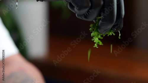 Chef putting cilantro on top mexican food photo