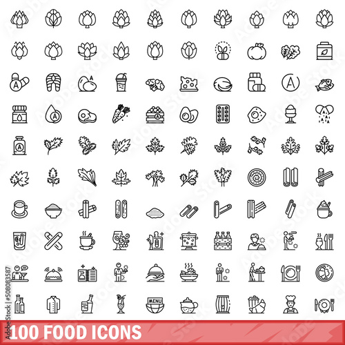 100 food icons set. Outline illustration of 100 food icons vector set isolated on white background