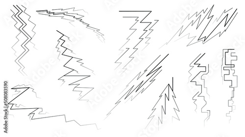 Set Black Outline Simple Line Abstract Collection Lightning Thunderstorm ABackground Light And Shine Electricity Vector Design Style