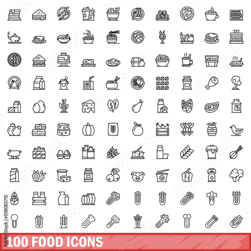100 food icons set. Outline illustration of 100 food icons vector set isolated on white background
