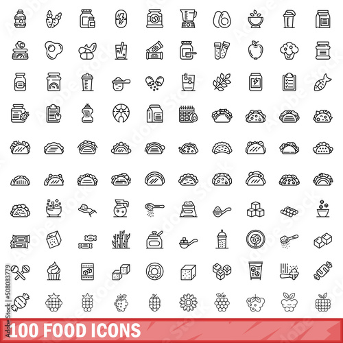 100 food icons set. Outline illustration of 100 food icons vector set isolated on white background