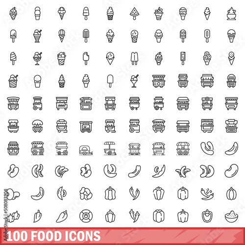 100 food icons set. Outline illustration of 100 food icons vector set isolated on white background