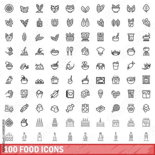 100 food icons set. Outline illustration of 100 food icons vector set isolated on white background