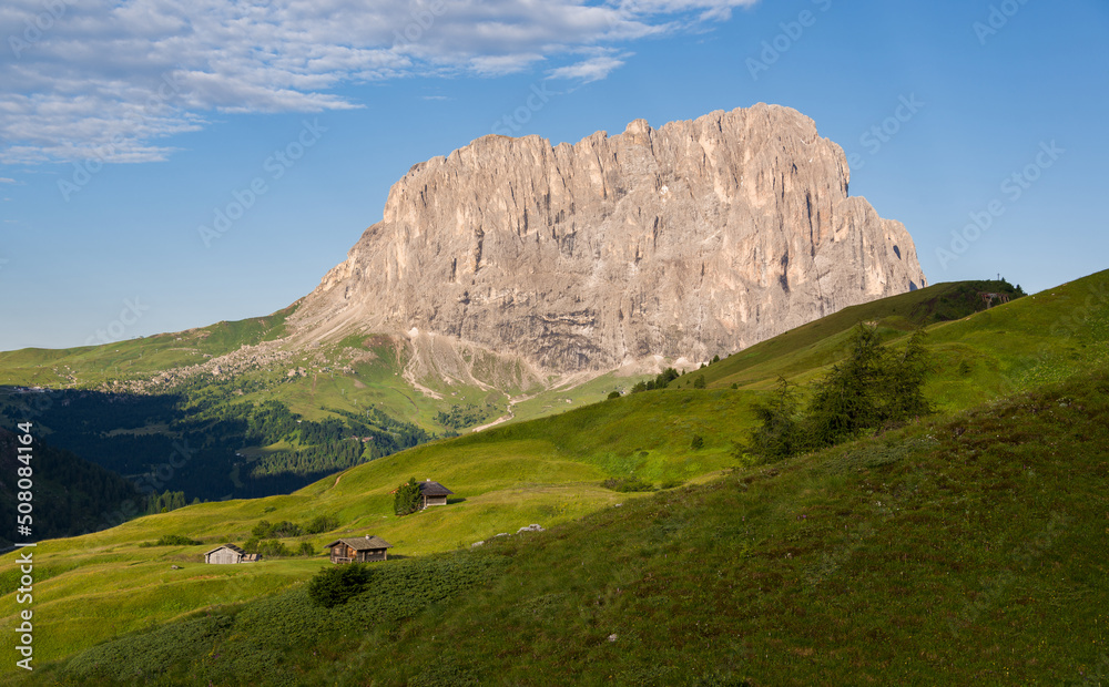 Fototapeta premium Mountains above Val Gardena mountain pass in the Dolomites
