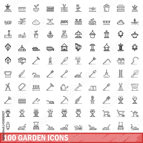 100 garden icons set. Outline illustration of 100 garden icons vector set isolated on white background