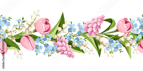 Horizontal seamless border with spring pink, blue, and white tulips, hyacinth flowers, forget-me-not flowers, and lily of the valley flowers. Vector floral garland