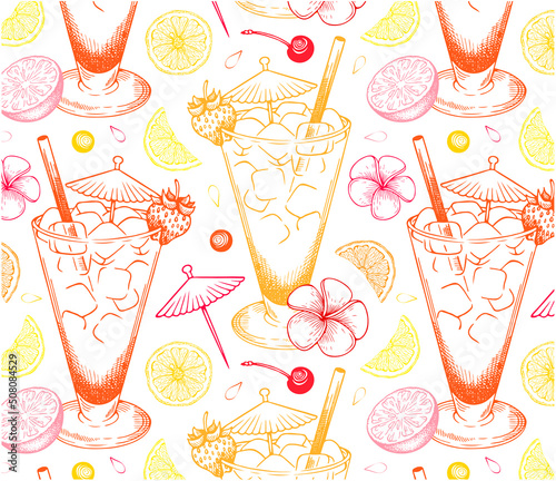 Sketch drawing pattern of Tequila Sunrise cocktail isolated on white background. Bar menu wallpaper. Hand drawn alcohol drink with orange juice, grenadine, cherry, strawberry. Vector illustration.