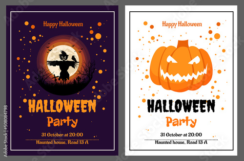 set of halloween invitation on party with pumpkin and  scarecrow