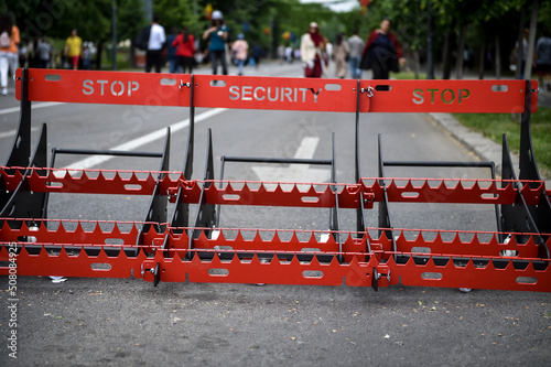 Security mobile vehicle barrier is seen on a pedestrian street