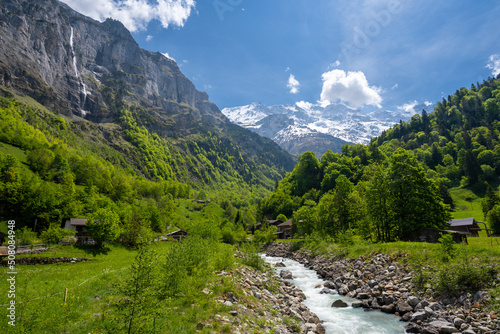 Obraz na płótnie alpine river with green meadow and Alps in Lauterbrunnen in Switzerland w salonie