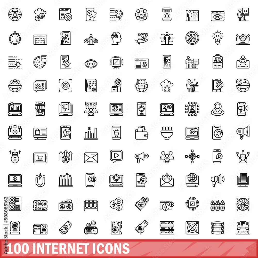 100 internet icons set. Outline illustration of 100 internet icons vector set isolated on white background 100 internet icons set. Outline illustration of 100 internet icons vector set isolated on white background