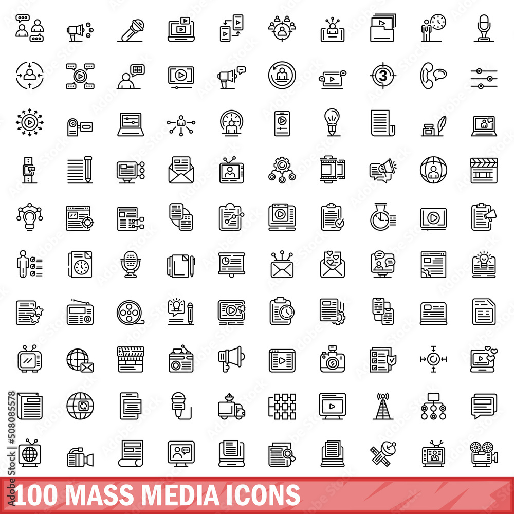100 mass media icons set. Outline illustration of 100 mass media icons vector set isolated on white background 100 mass media icons set. Outline illustration of 100 mass media icons vector set isolated on white background