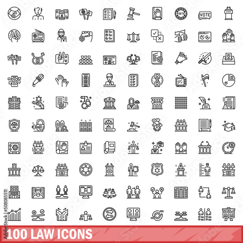100 law icons set. Outline illustration of 100 law icons vector set isolated on white background