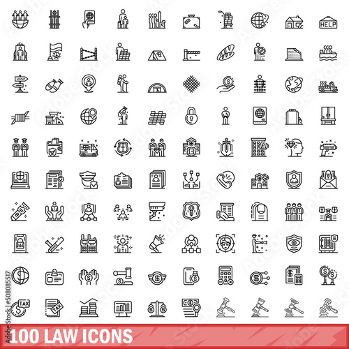 100 law icons set. Outline illustration of 100 law icons vector set isolated on white background