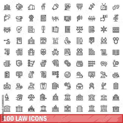 100 law icons set. Outline illustration of 100 law icons vector set isolated on white background