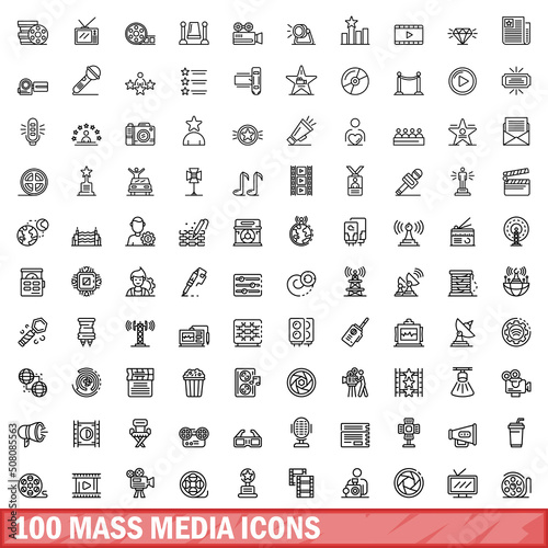 100 mass media icons set. Outline illustration of 100 mass media icons vector set isolated on white background
