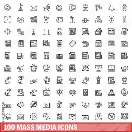 100 mass media icons set. Outline illustration of 100 mass media icons vector set isolated on white background