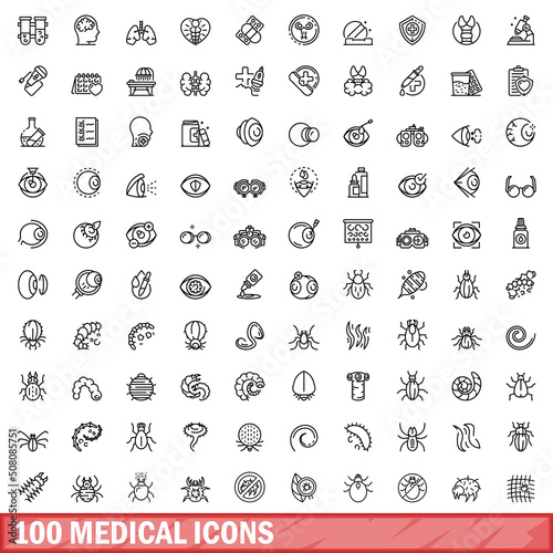 100 medical icons set. Outline illustration of 100 medical icons vector set isolated on white background