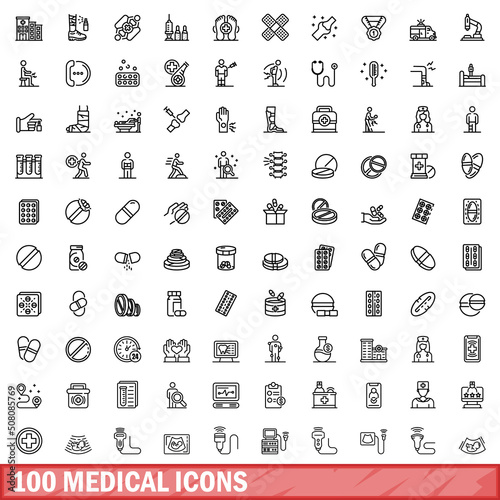 100 medical icons set. Outline illustration of 100 medical icons vector set isolated on white background