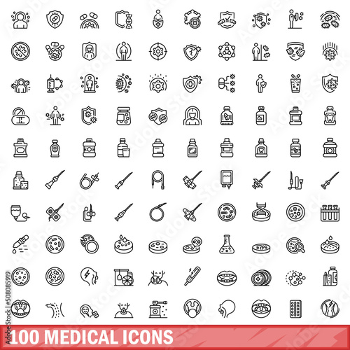 100 medical icons set. Outline illustration of 100 medical icons vector set isolated on white background