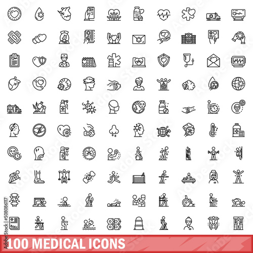 100 medical icons set. Outline illustration of 100 medical icons vector set isolated on white background