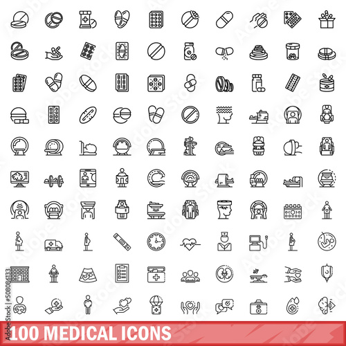 100 medical icons set. Outline illustration of 100 medical icons vector set isolated on white background