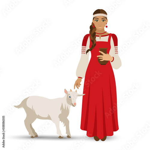 A young girl in a peasant old Russian red sarafan stands next to a young goat and holds a jug of milk in her hand. Historical costume. Vector illustration.