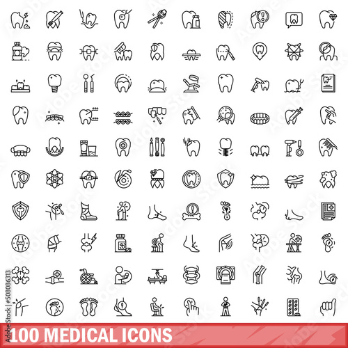 100 medical icons set. Outline illustration of 100 medical icons vector set isolated on white background