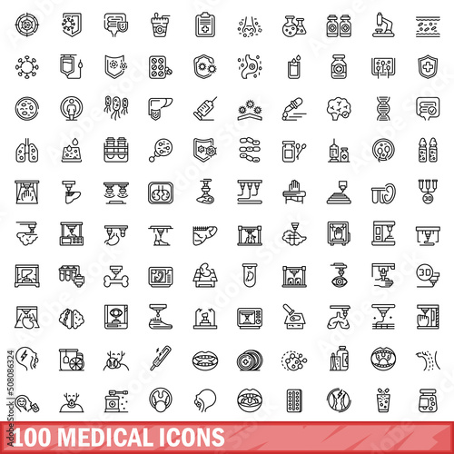 100 medical icons set. Outline illustration of 100 medical icons vector set isolated on white background