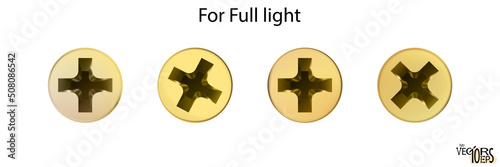 Gold light self-tapping screws set. Twisted in surface screw isolated. Vector