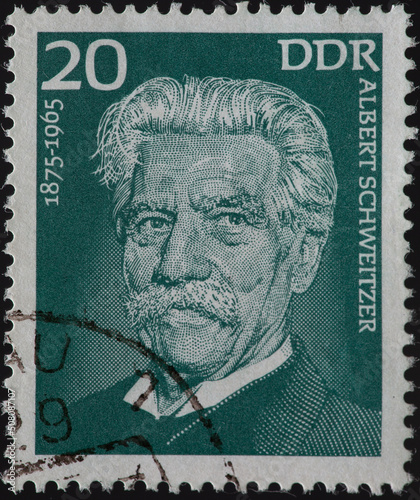 GERMANY, DDR - CIRCA 1975 a postage stamp from GERMANY, DDR, showing a portrait of the missionary doctor, theologian, musician and Nobel Prize winner Albert Schweitzer (1875–1965) . Circa 1975